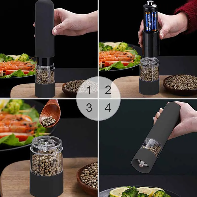 Winholder Kitchen Tool Electric Salt And Pepper Grinder Mill Spice Adjustable Coarseness with LED Light Battery Operated Black