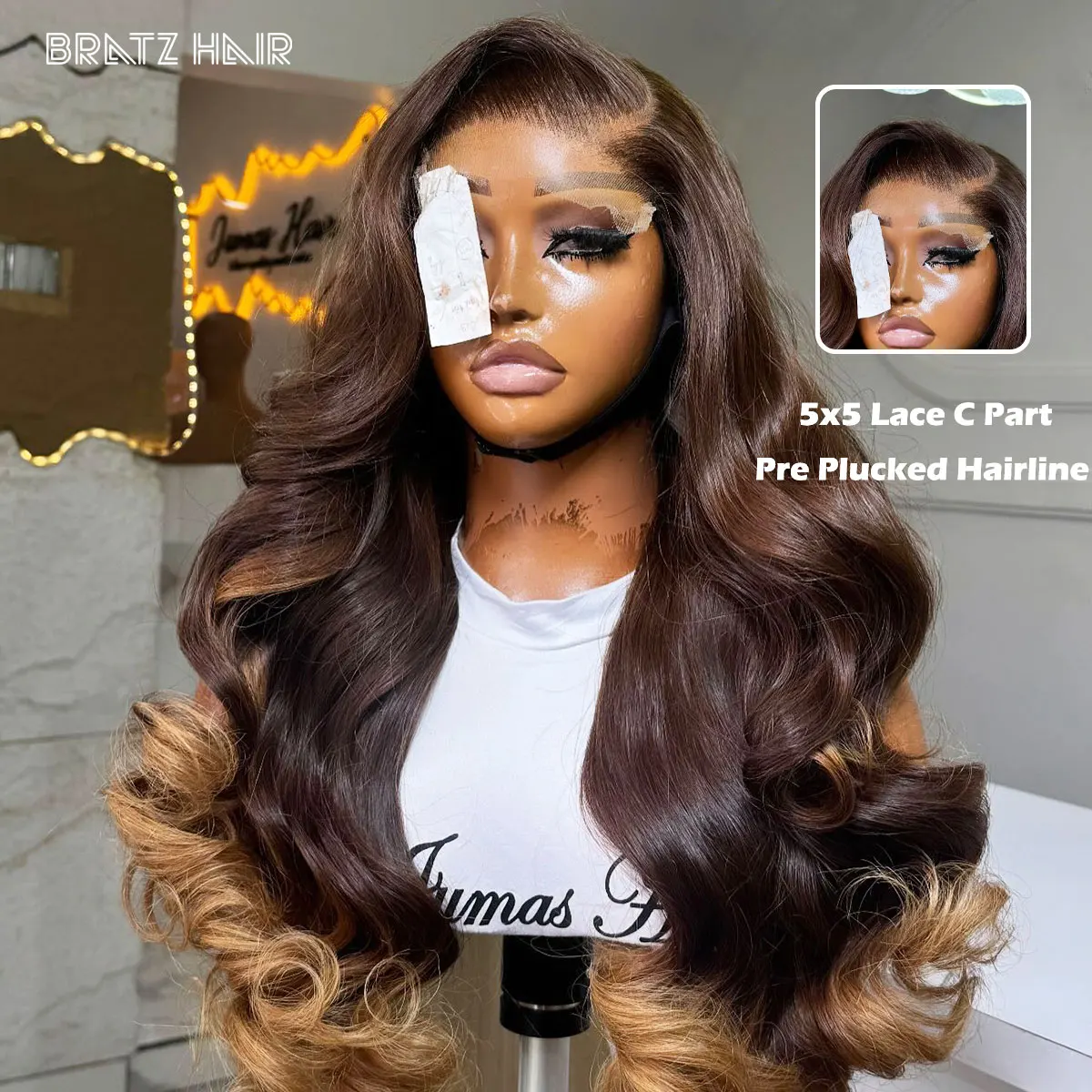 شعر الإنسان أومبير براون شقراء 5by5 Clousre C جزء فضفاض نطاط شعر مستعار مجعد قبل قطعها 13x4 الدانتيل أمامي غلويليس شعر مستعار 350 الكثافة