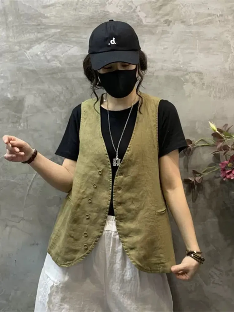 レディース スヴェル リネン ベスト サマー トップ ヴィンテージ アーティスティック オープン カーディガン アウター ジャケット レギュラー丈 通勤 スレ ピュアカラー