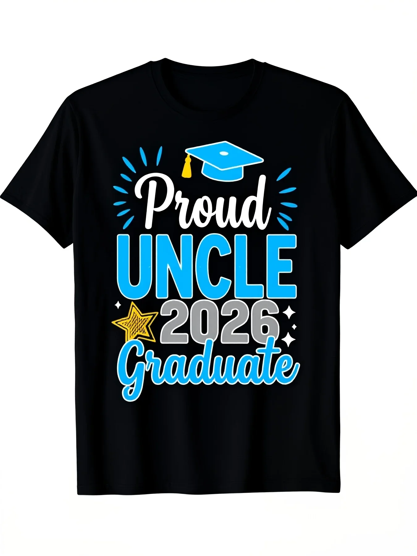 Black T-Shirt for Proud Uncles Graduating in 2026 Featuring a Graduation Cap and Star Design, Retro Casual Short-Sleeved Tee with Round Neck, Machine Washable