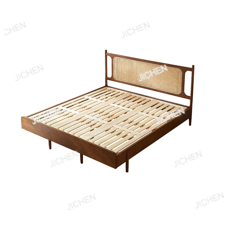 

Wabi Sansan Solid Wood Bed New Chinese Black Walnut Rattan Bed French Retro Homestay Double Bed