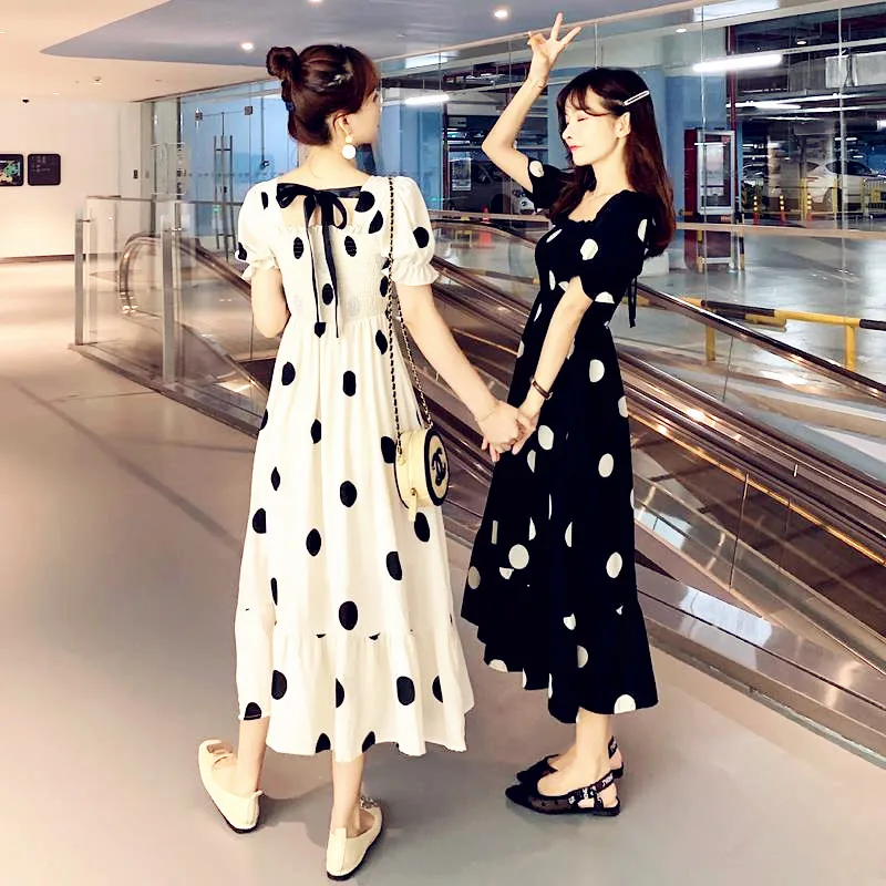 Women Loose Dots Vintage Hole Bow Ruffles Befree Big Large Ruffles Dress Summer Short Sleeve Party Elegant Maxi Dresses