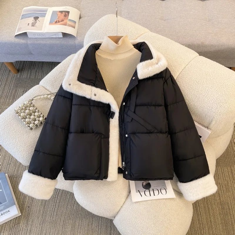 Women's Winter Tops Jacket Cotton Coat Splicing Short Warm Thickened Vintage Simple Leisure Designed Soft Niche Versatile Skinny