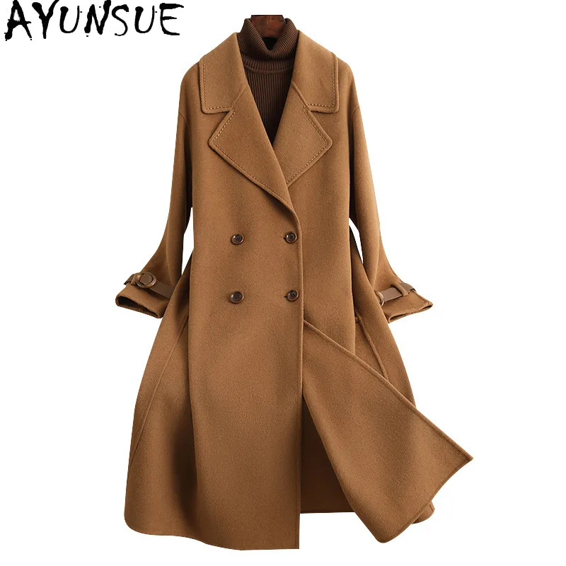 

AYUNSUE 100% Real Wool Coat Autumn Winter Clothes Women High Quality Long Coats Woman Fashion Outerwears Пальто Женско 2024