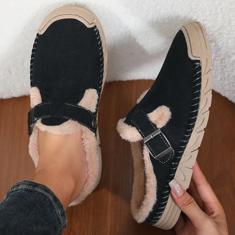 Damenmode Baotou-Slipper Winter Neu Rundkopf Tiefer Schnitt Schnallenverschluss Weiche Sohle Rutschfest Verschleißfest Flache Schuhe – Detail 4