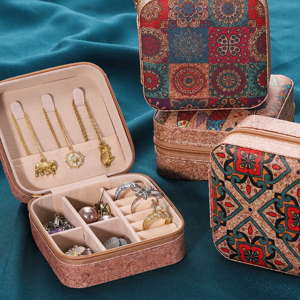 Portable Cork Jewelry Box Lightweight Vintage Earrings Storage Boxes Earrings Necklace Rings Case Square-Shape Zipper Organizer