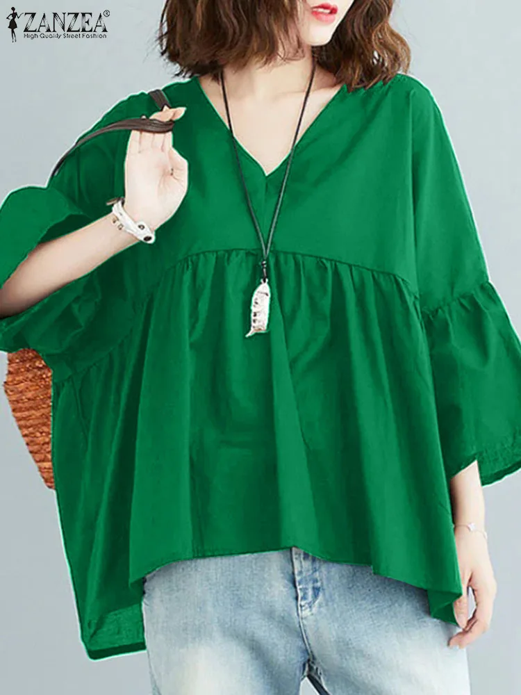 ZANZEA Holiday Casual Loose Blusa Women Pleating V-neck Blouse Shirt 2024 Summer Flare 3/4 Sleeve Tops Fashion Solid Color Tunic