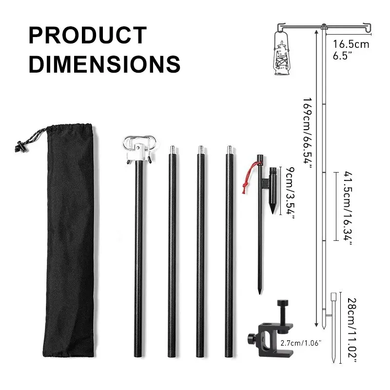 WESTTUNE Camping Lamp Stand with Double Hooks Aluminum Alloy Foldable Lamp Pole Telescopic Outdoor Light Holder Lamp Hanger