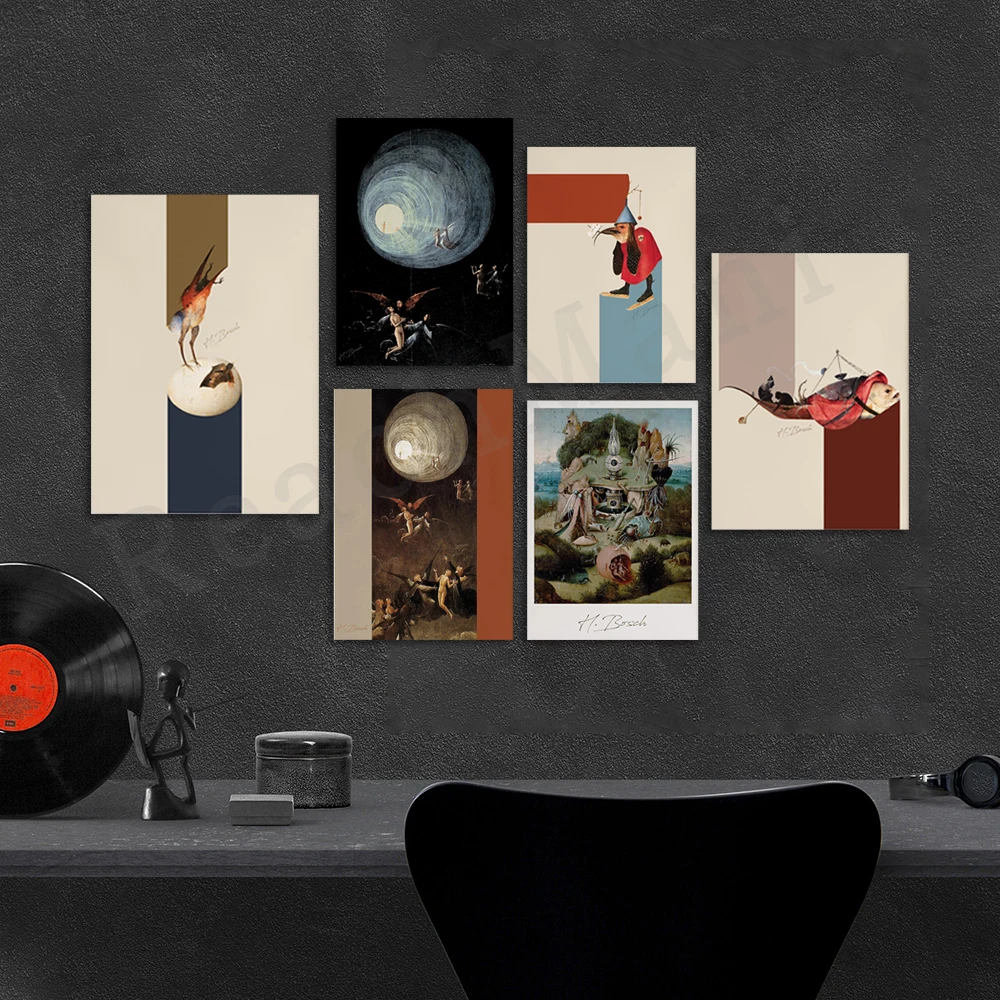 Hieronymus Bosch prints, giraffes, elephants, wall home decor art, exhibition posters