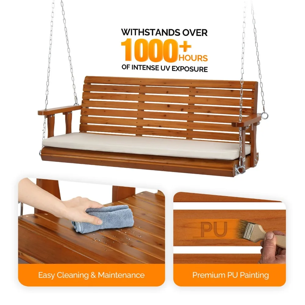 5 FT Heavy Duty Porch Swing with Cushion, 880 LBS Wooden, Brown