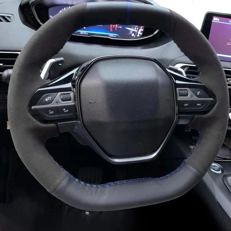 

For Peugeot 4008 2017 2018 3008 2017 2018 DIY Hand-stitched Black Suede Genuine Leather Car Steering Wheel Cover