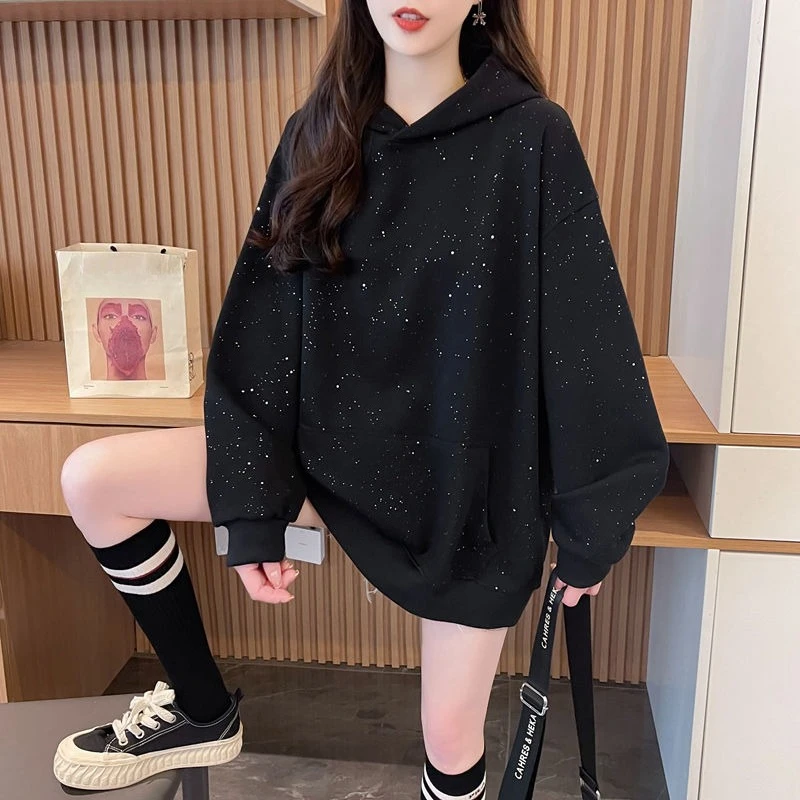 

Женские толстовки с блестками, свободные толстовки Y2k, винтажные одинаковые новые с длинным рукавом Y 2k, повседневный эмо-черный мешковатый женский топ с капюшоном