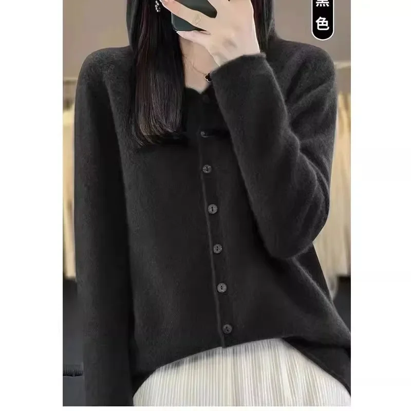 Women's Sweaters 100% Merino Wool Knitted Cardigan Autumn And Winter Hoodie Loose Sweater Fashionable Versatile Coat Top