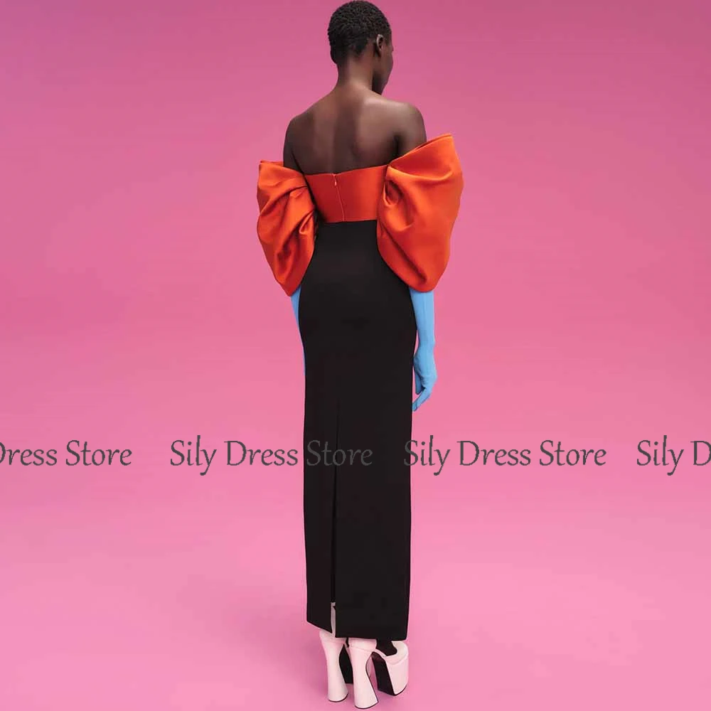 Klassische Kleider für besondere Anlässe, Mikado-Etui-Partykleider, orange und schwarz, schulterfreie Ballkleider mit Falten und Schlitz, lang