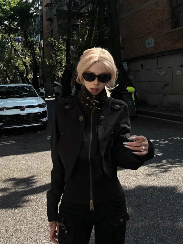 

Американская винтажная однотонная короткая куртка с длинным рукавом, женская повседневная уличная одежда, пальто Y2k в стиле ретро, облегающее платье с воротником-стойкой, осень 2023 г.