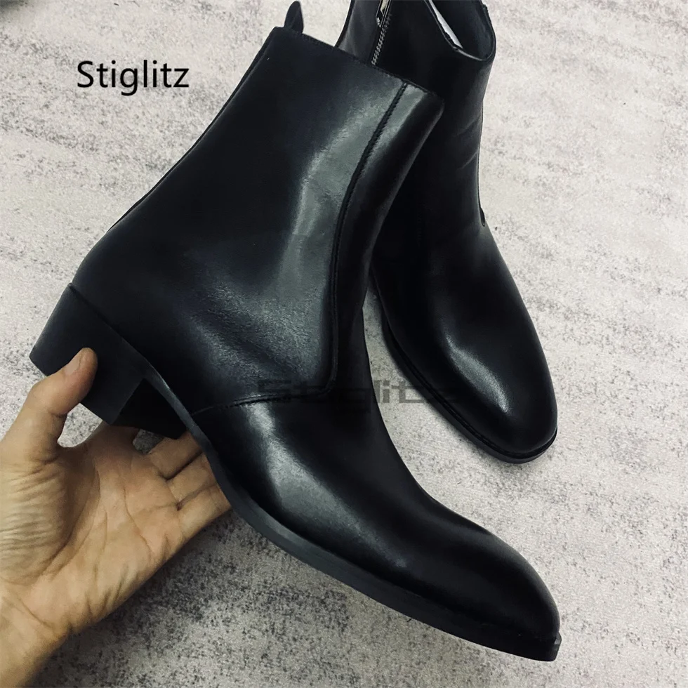 

Black Cowhide Low Heel Chelsea Boots for Men British Style Pointed Toe Genuine Leather Short Ankle Boots Business Dress Shoes