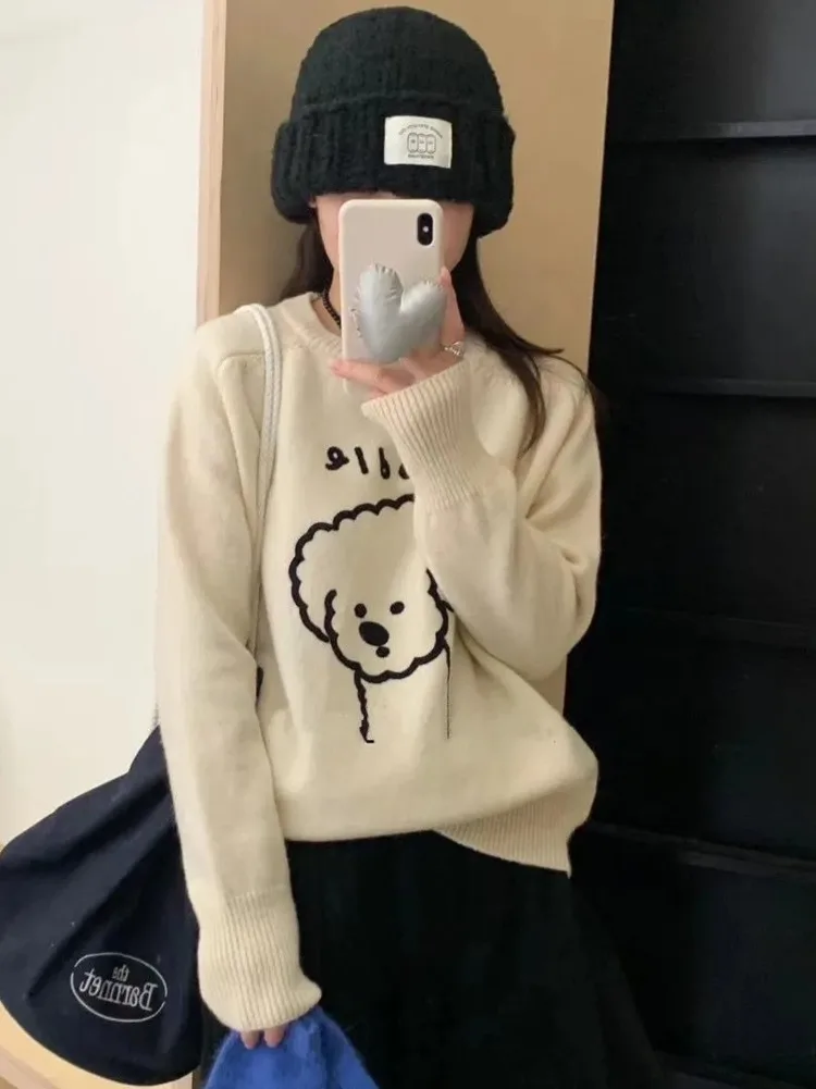 Cartoon Teddy Dog Sweater Women Autumn Winter Loose Pullover Knit Jumper Chic Casual Sweet Sueter Mujer Y2k Oversized Sweater