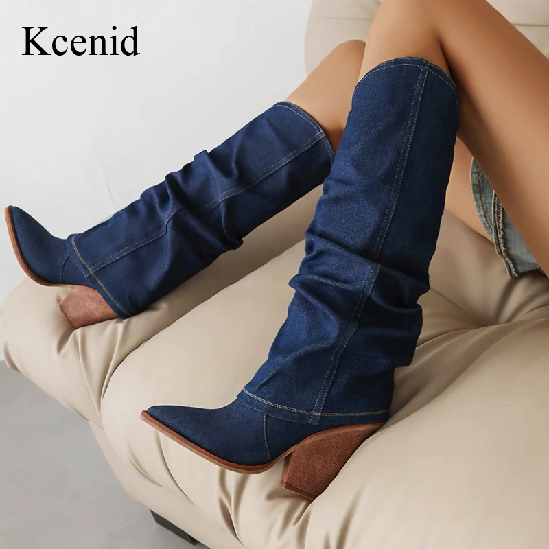 Kcenid Women Denim Knee High Boots Pointed Toe Slip-on Women High Heels Long Boots Sexy Pleated Solid Party Shoes Woman