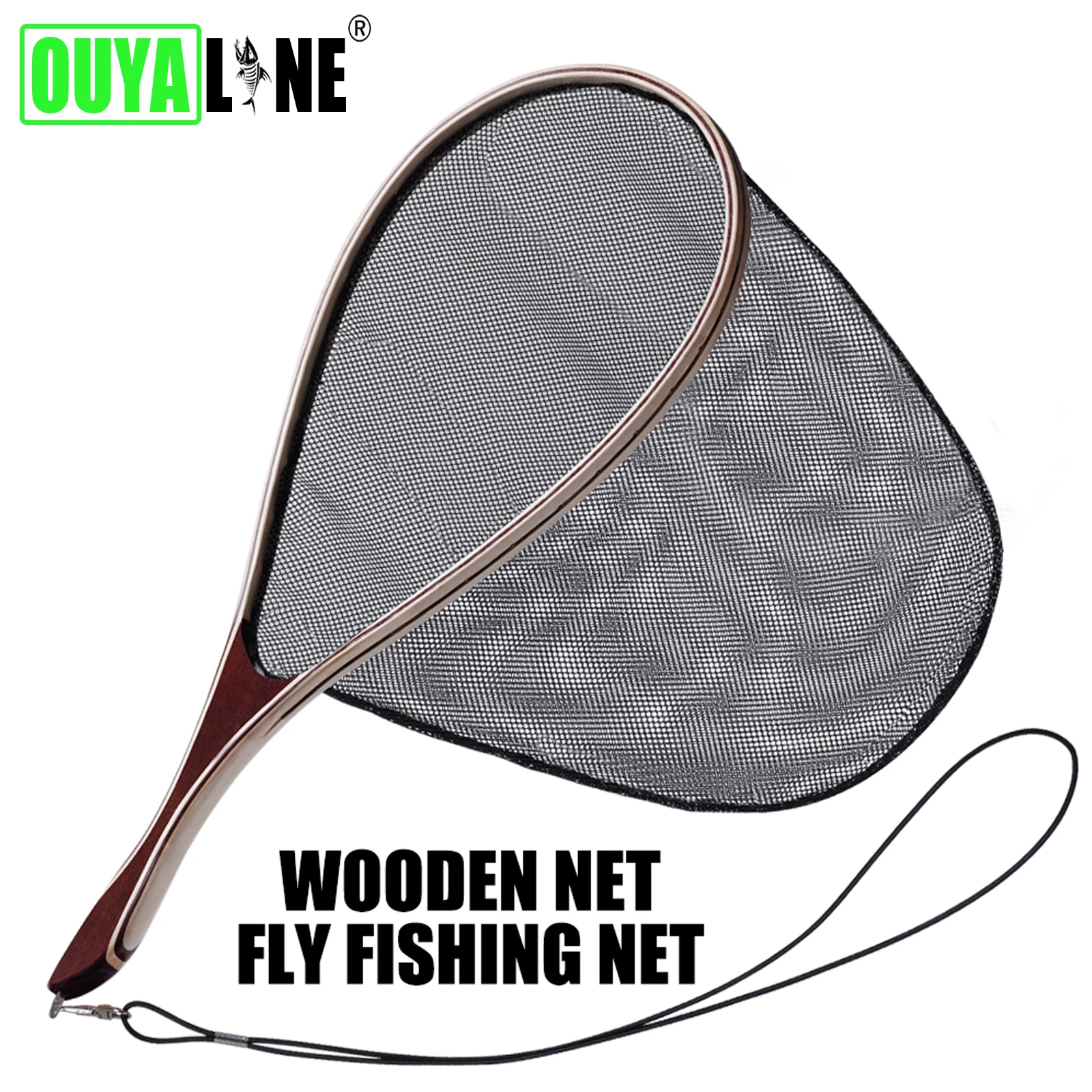 

OUYALINE Large Fly Fishing Wooden Handle Tackle Rubber Fishing Net Coating Trout Landing Net Bass Pike Tools Catch and Release