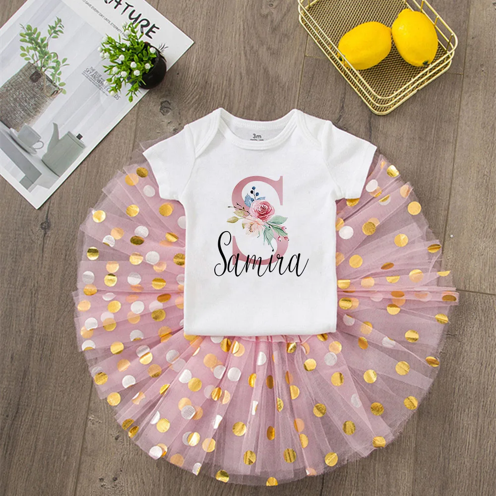 Personalised Baby Girl Birthday Party Dress Custom Initial with Name Tutu Cake Dresses + Romper Outfits Girls Clothes Jumpsuits