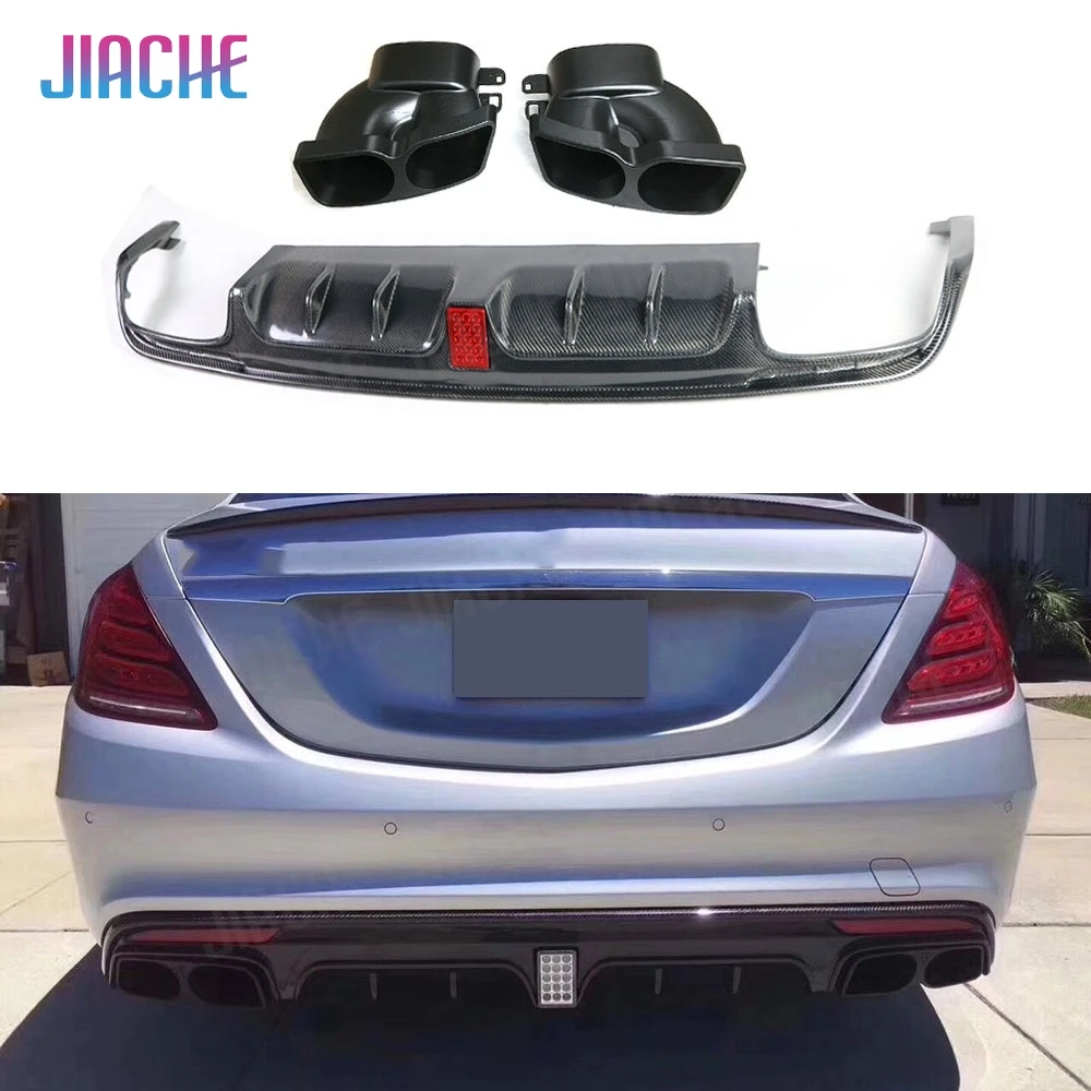 For S Class W222 Carbon Fiber Rear Bumper Lip Diffuser Spoiler for Mercedes Benz S63 S65 AMG 2013-2017 with Exhaust Muffer Tip