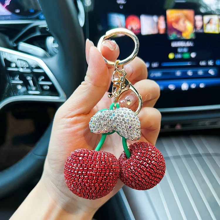 New Creative Full Diamond Cherry Car Keychain Exquisite Clay Diamond Fruit Key Chain Bag Pendant Bag Accessories