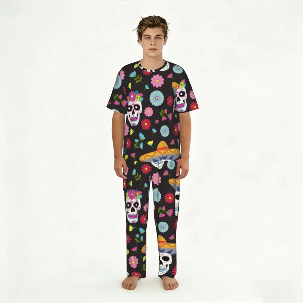 

Men Pajamas Set Day Of The Dead Skull With Floral Short Sleeve Spring Summer Lounge Sleepwear Male Nightwear