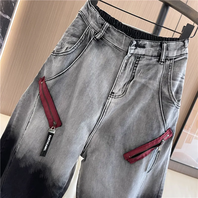 Women\'s High Waisted Denim Ankle-Length Pants, Embroidered Jeans, Trendy Streetwear, Gradient Zipper, Loose Harem Pants