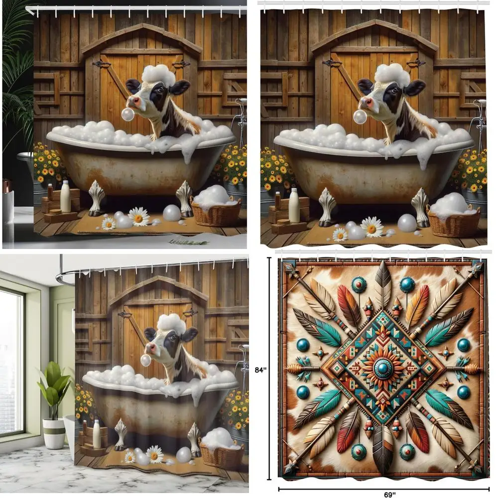 

Радость купания коровы в винтажной занавеске для душа в сарай, тканевый декор для ванной комнаты в стиле фермерского дома