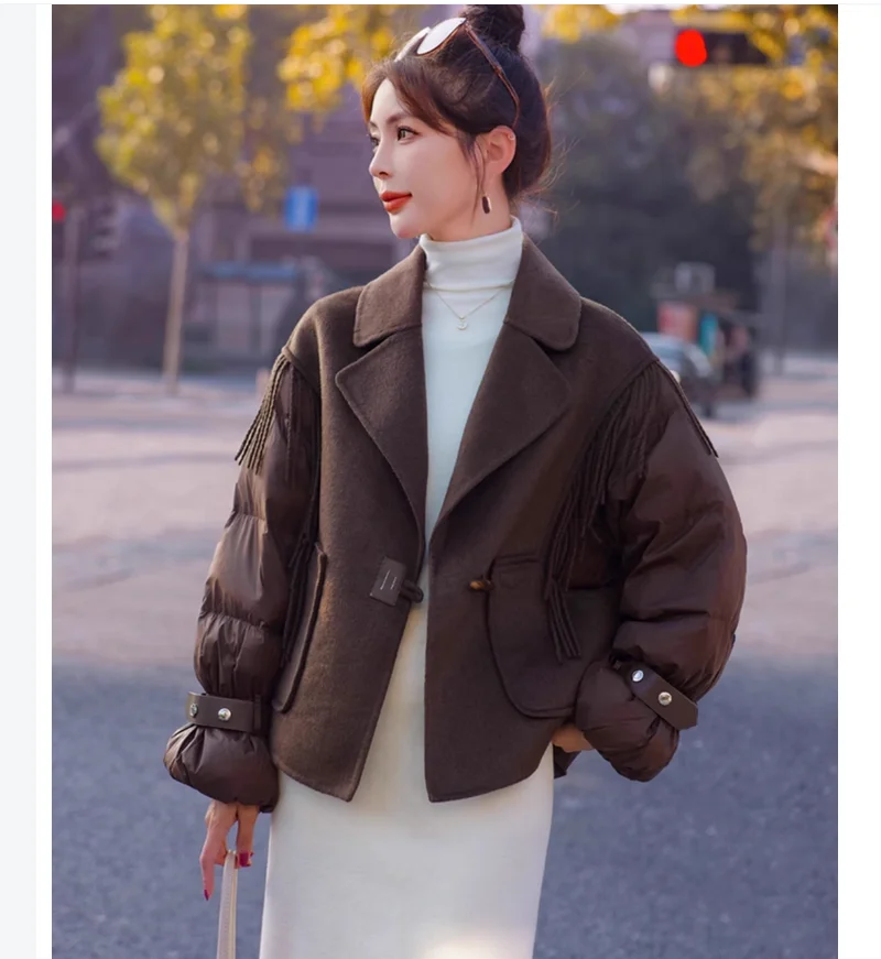 Cashmere splicing down jacket for women's winter temperament simple tassel jacket