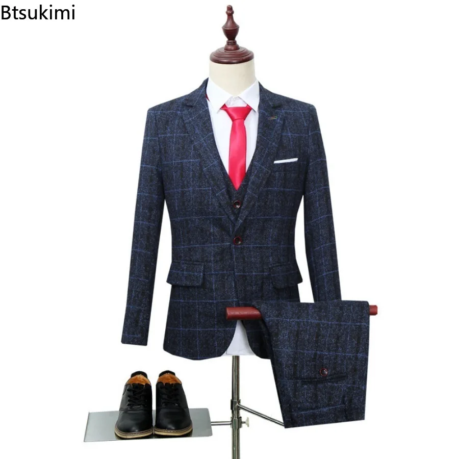 2024 Fashion England Style Men's Plaid Suit Three-Pieces (Blazer+Pants+Vest)  Men Business Formal Clothes Groom Wedding Dresses