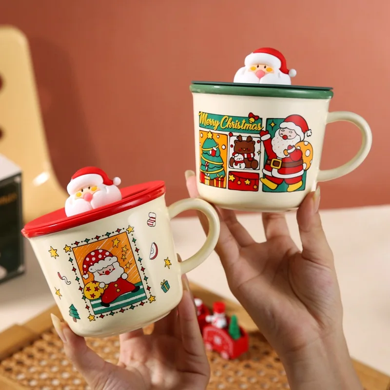 Christmas Ceramic Mug with Lid Spoon Cute Santa Cartoon New Year Gift Holiday Present Box