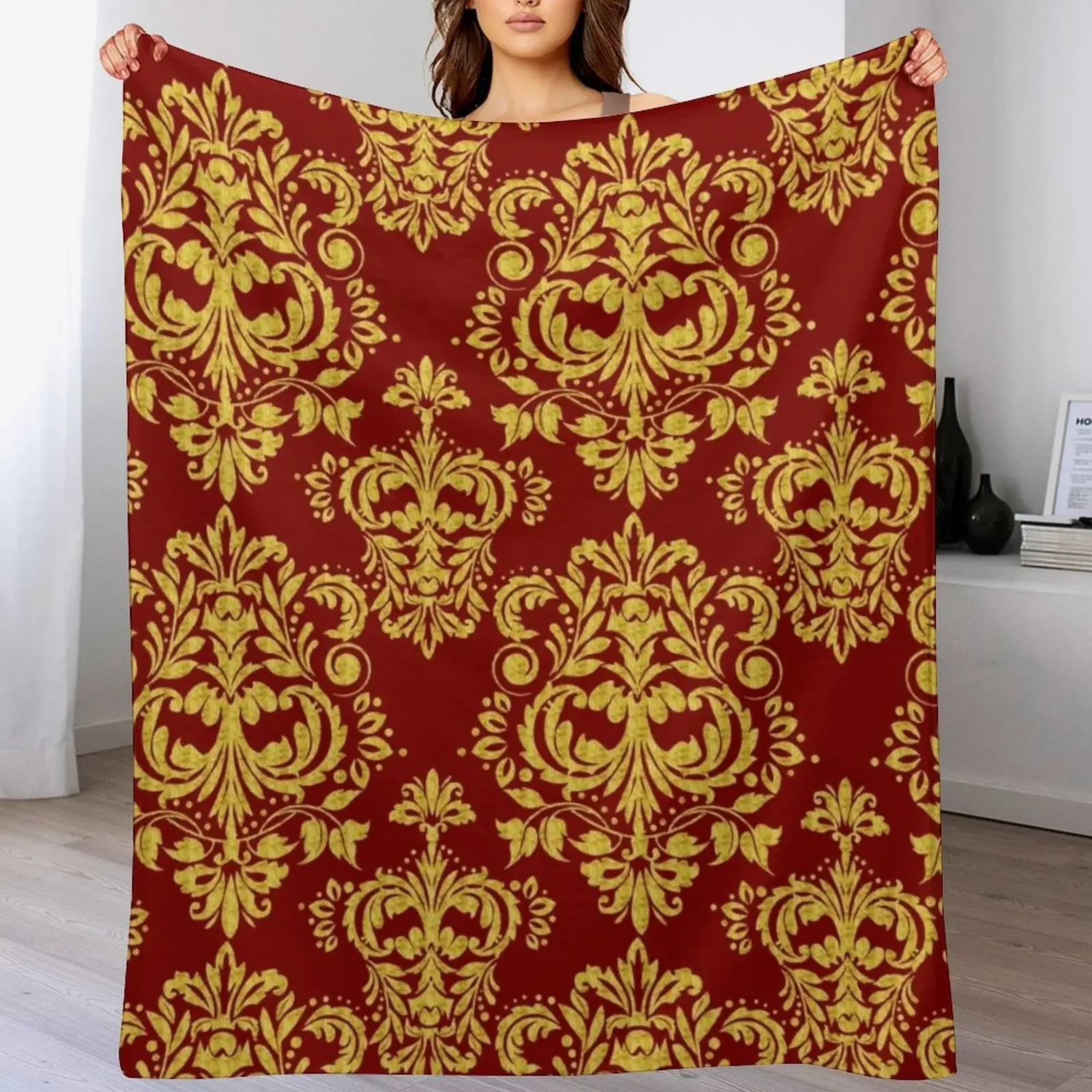 

Gold and dark-red floral damask pattern Throw Blanket Cozy Throw Blanket for Bed Sofa Chair