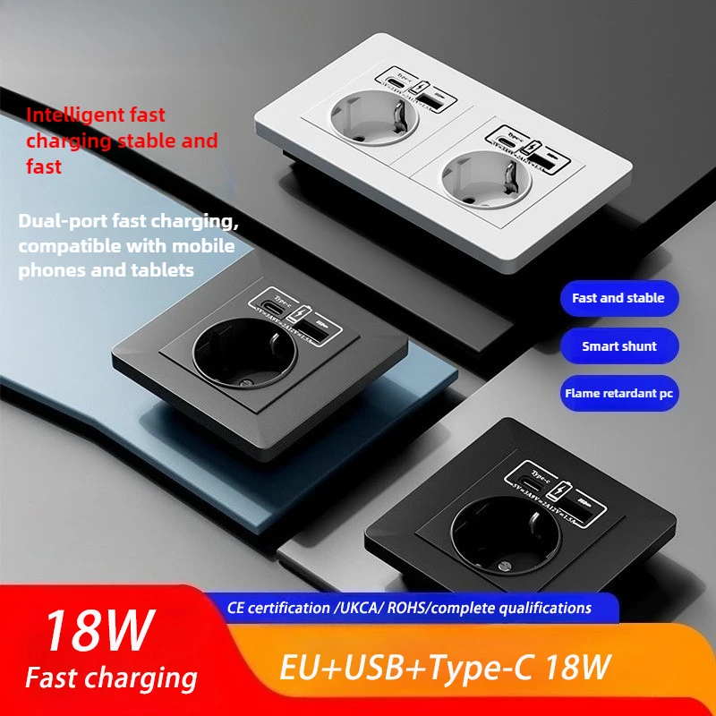 

Eu Power Socket, with Usb Charging Port and C-type Interface 3A 18W Fast Charging, 16A PC Panel, Russian and Spanish Wall Socket
