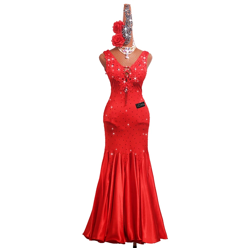 New Modern Dance Skirt Competition Performance Dress Big Red Slim Fit Big Swing Sparkling Diamond Long Dance Skirt