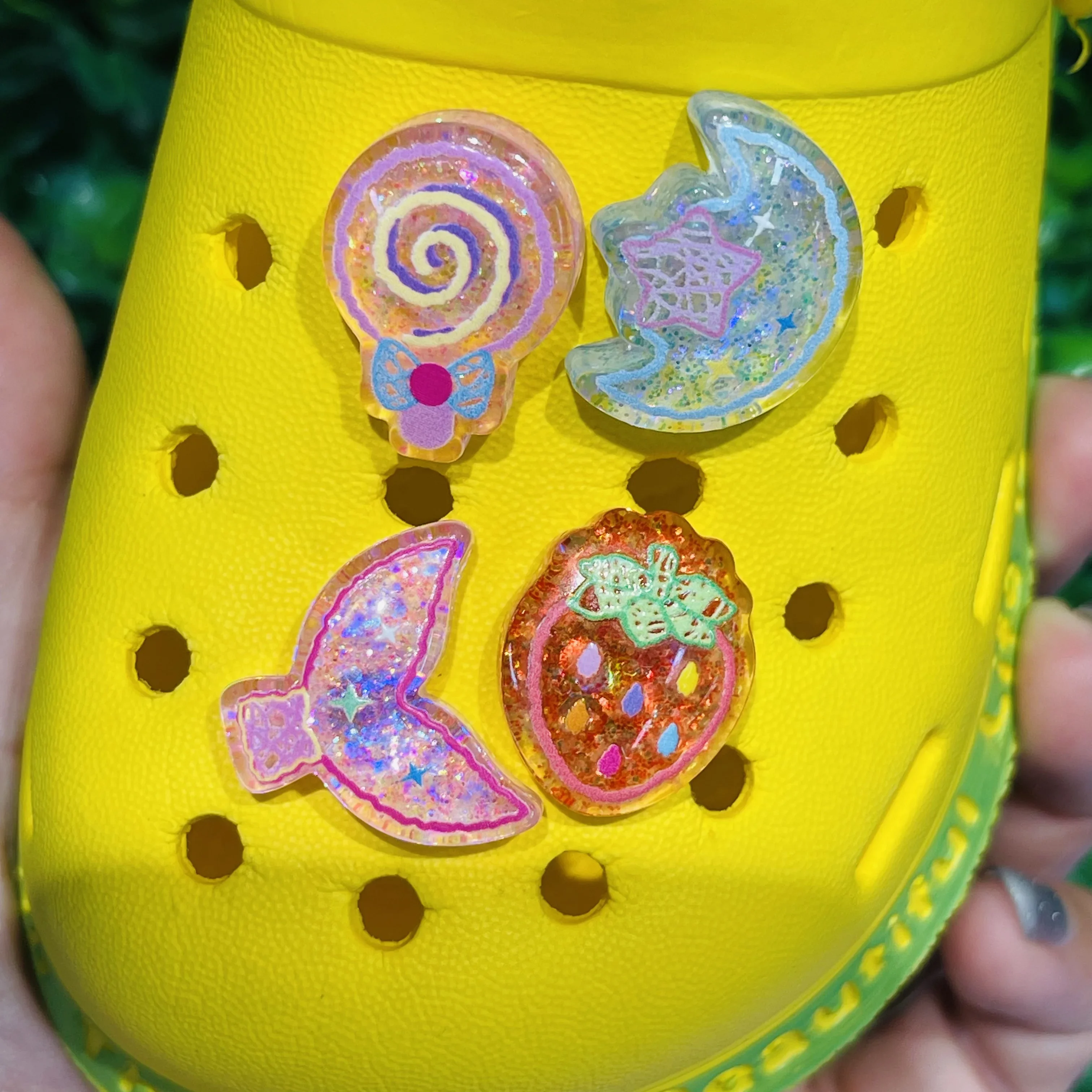 1-4Pcs Fruit Strawberry Moon Lollipop Mermaid Tail Resin Sandals Buckle Clog Charms Girls Garden Shoes Decorations for Kids Gift