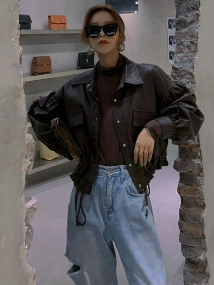 Jaqueta de couro vintage feminina, outwear solto, jaqueta fina de motociclista estilo coreano feminino, blusa de manga longa moto, outono, verão 2022