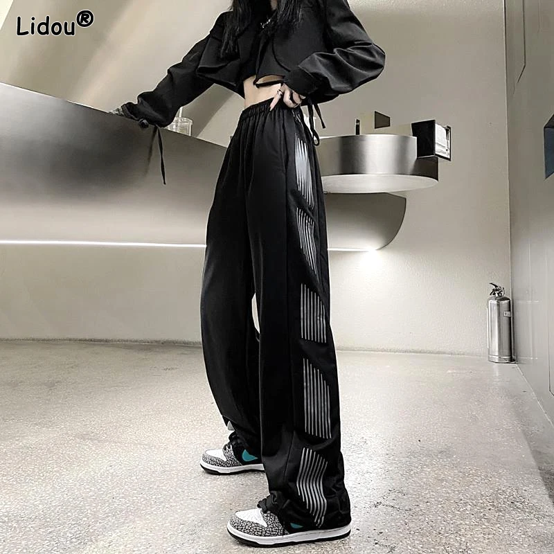 

Young Style Wide Leg Pants Fashion Casual Loose Elastic Waist Solid Patchwork Pockets Side Stripe Spring Summer Women's Clothing