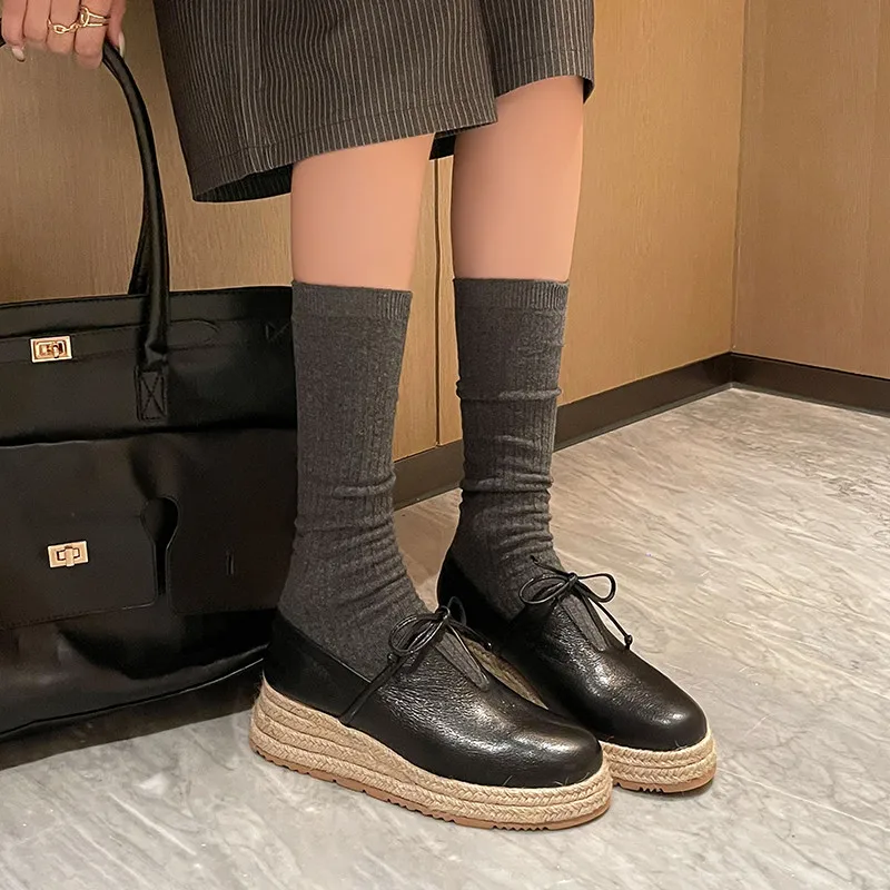 MKKHOU موضة مضخات جديدة عالية الجودة حقيقية أحذية من الجلد حزام القش المنسوجة سميكة سوليد أحذية عالية الكعب المتسكعون حذاء كاجوال #6