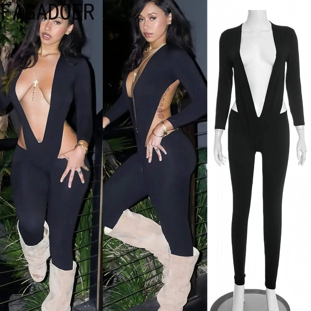 

FAGADOER Sexy Hollow-out Bodycon Jumpsuits for Women Solid Color Deep V-neck Long Sleeves Rompers Female Streetwear Overalls New