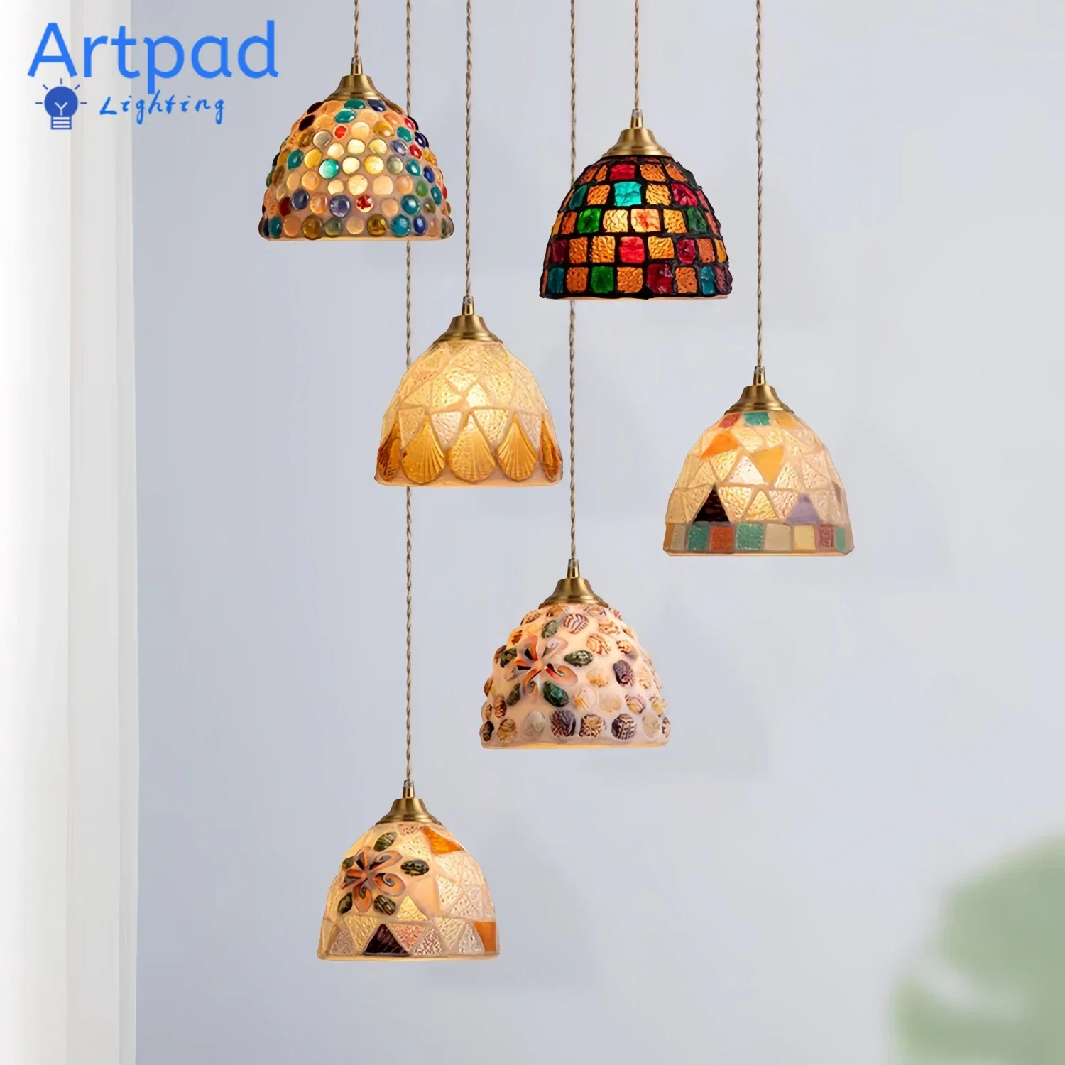 

Tiffany Stained Glass Shell Pendant Lamp for French American Mediterranean Japanese Dining Room Bar Hallway Decor Lighting