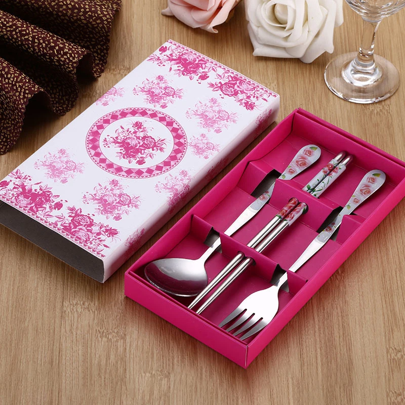 Set da 3 pezzi di stoviglie in porcellana blu e bianca bacchette in acciaio inossidabile cucchiaio forchetta confezione regalo Set di stoviglie da viaggio portatile