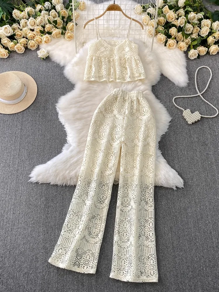 

Sexy Backless lace hollow V-neck mini camisole+elastic high waisted SKinny wide leg pants 2-piece set Solid Woman Summer Suit