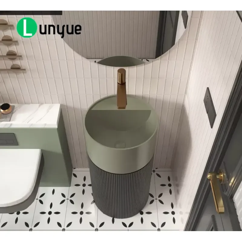 Modern Freestanding Floor to Ceiling Artificial Stone Sink Grooved Cylindrical Basin for Hotel Villa Bathroom Luxury Decor