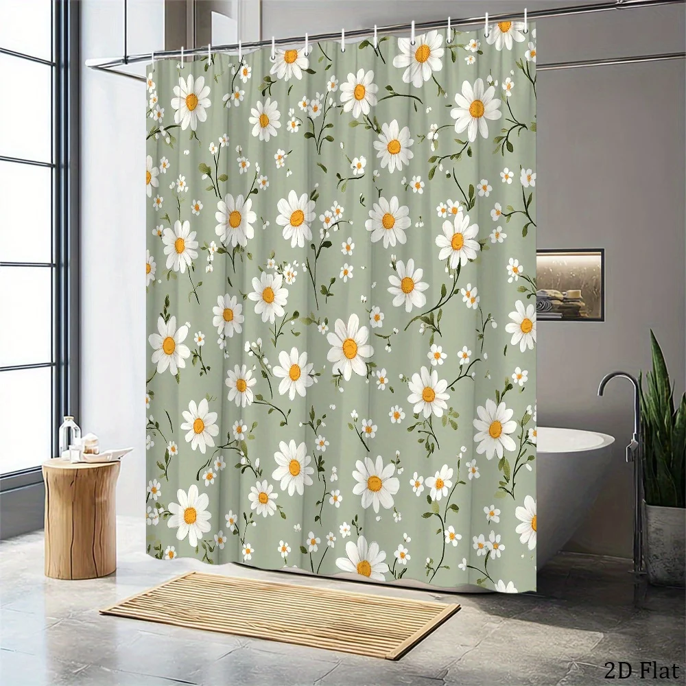 Botanical Daisy Illustration Shower Curtain 1pc with 12 Hooks for Bathroom Home Decor Polyester 2D Flat Print 70.8x70.8 Inch