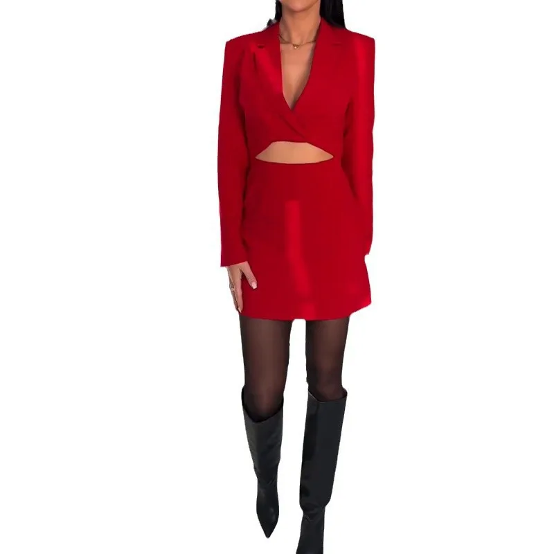 

New Fashion Hip Waist-hugging Dress Women Summer Sexy Solid Color V-neck Hollow Mini Dresses For Women Party Skirt For Women