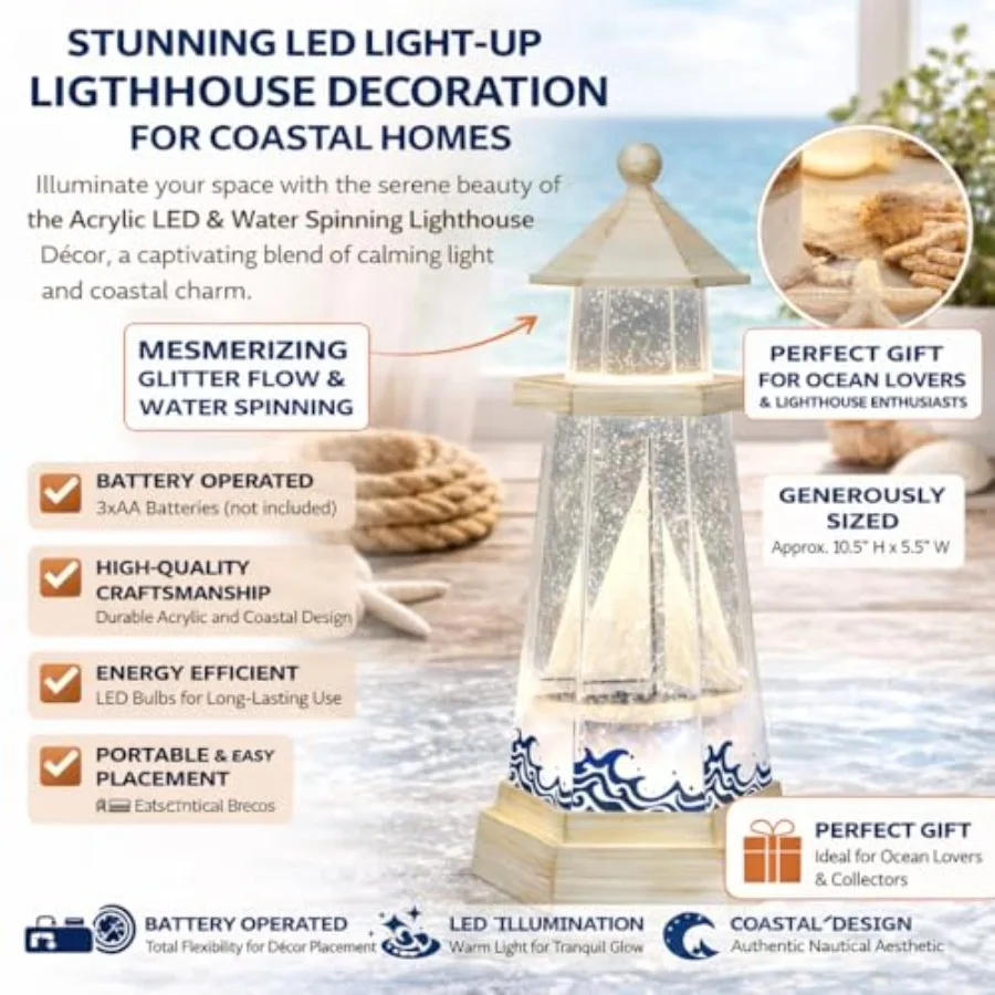 Lámpara de Mesa Náutica Decorativa con Luz LED Acrílica, Diseño de Faro Giratorio con Destellos en Movimiento, Funciona con Pilas, 3 Unidades
