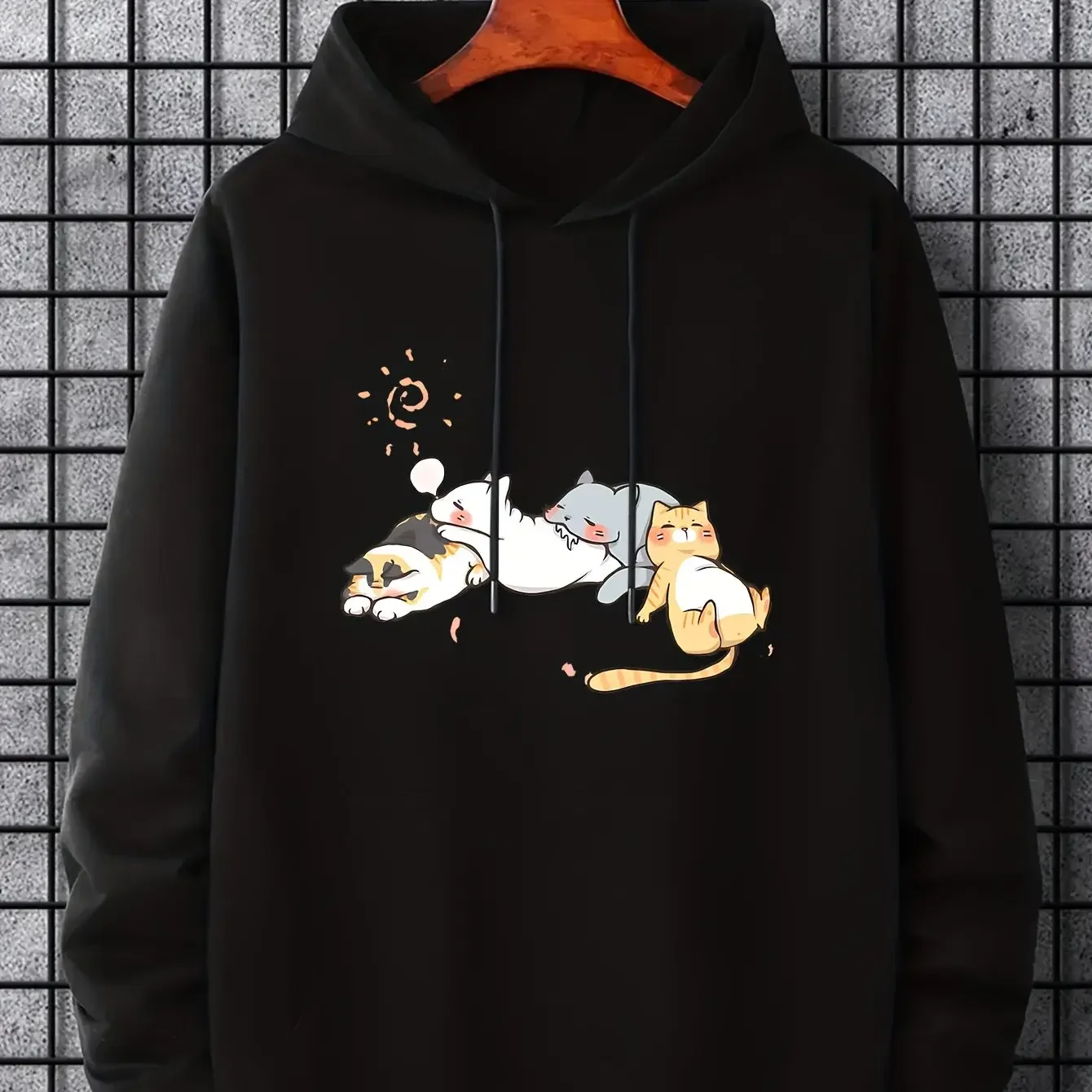 Men Cute Napping Kittens Group Graphic Hoodie Cartoon Cat Print Pullover Casual Streetwear Loose Long‑sleeve Sweatshirt