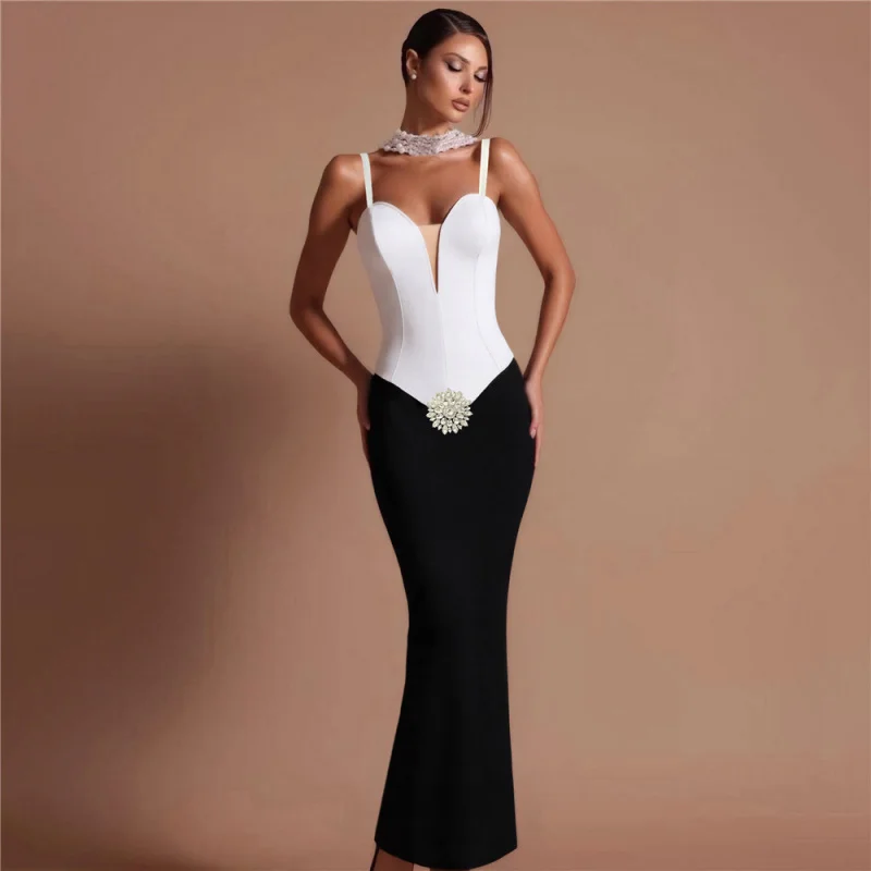 

European and American Bandage Dress Summer New Sexy Strap Black and White Color Block Socialite Evening Gown Women's Clothing