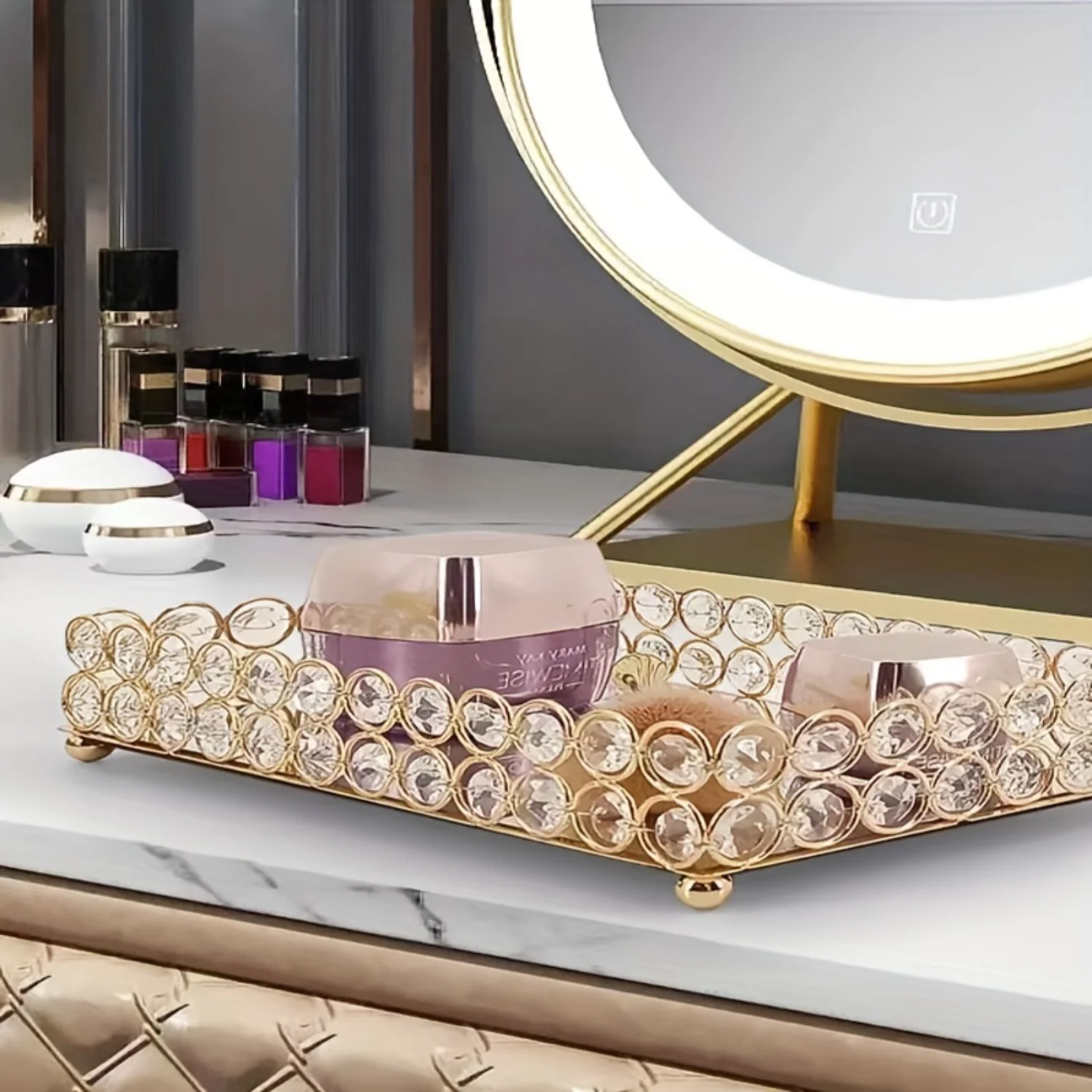 Crystal Cosmetic Tray, Mirror Vanity Tray, Elegant Bath Organizer for Ramadan - Countertop Decor and Accessories Tray